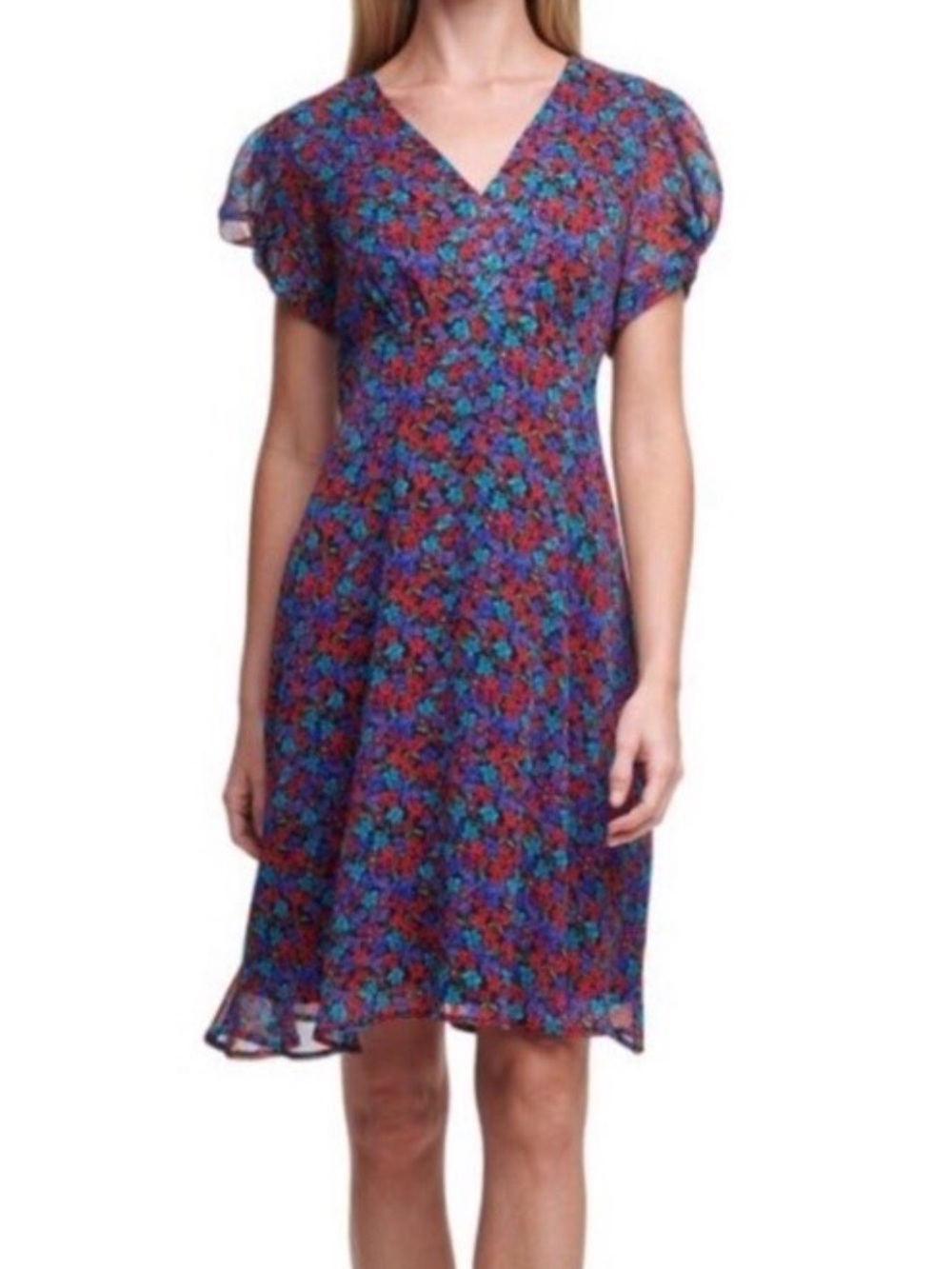 Calvin Klein Floral Chiffon Sheath Dress Womens Size 6 Multicolor V Neck